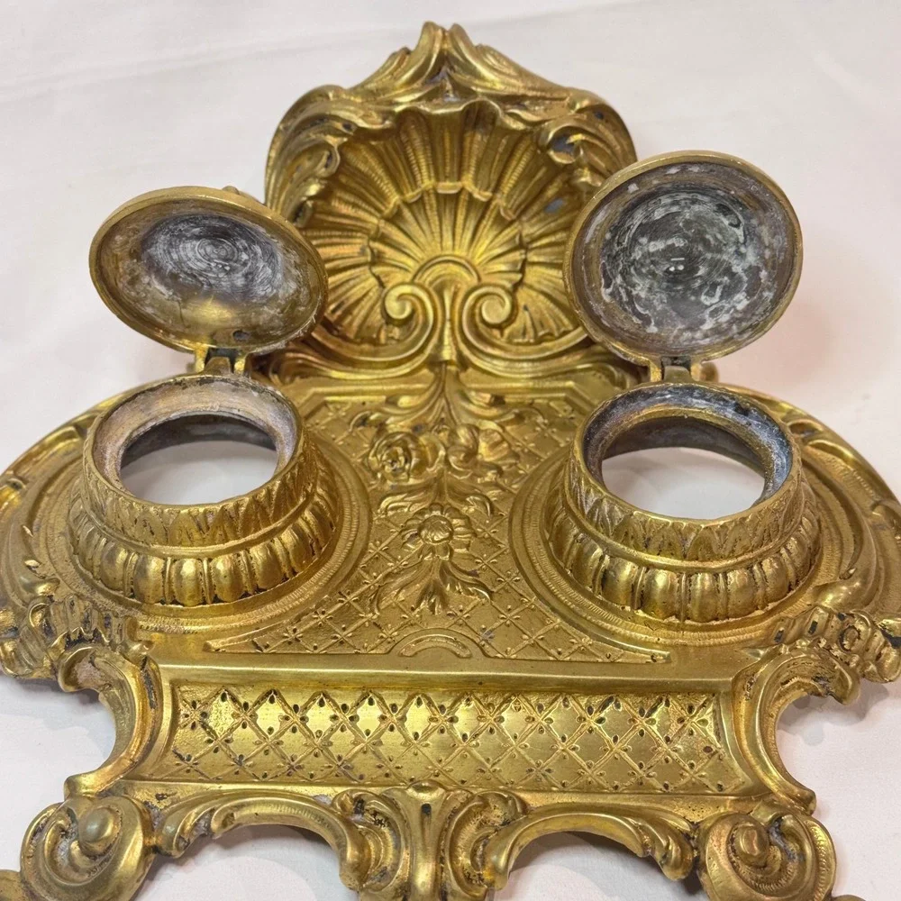 Brass Double Inkwell Antique Rococo Ornate French Art‎ Nouveau Academia Depose